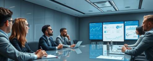 innovative fundraising meeting, engaged, presenting financial projections, photorealistic, advanced boardroom with digital interfaces, highly detailed, analytical discussions, detailed charts, cool gray and blue, direct overhead lighting, shot with a 16-35mm camera lens.