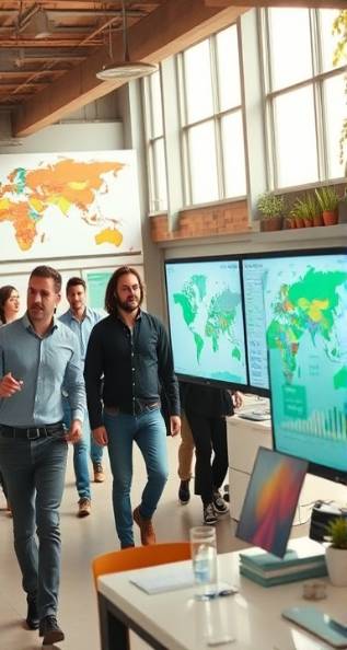 rapidly growing startup, confident, expanding globally, photorealistic, bustling open-plan workspace with maps and charts, highly detailed, diverse team in motion, digital maps on screens, warm earthy tones, bright natural lighting, shot with a 50mm camera lens.