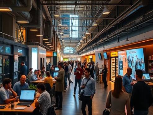 dynamic startup ecosystem, pioneering, launching new tech, photorealistic, bustling urban hub with coworking spaces, highly detailed, people interacting, tech gadgets, vivid urban palette, sharp artificial lighting, shot with a 28-135mm camera lens.