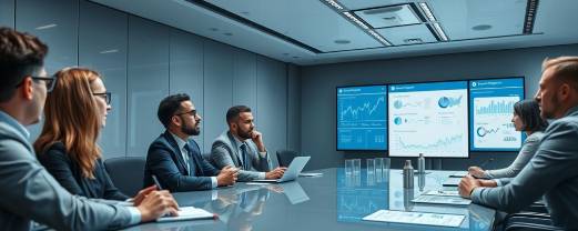 innovative fundraising meeting, engaged, presenting financial projections, photorealistic, advanced boardroom with digital interfaces, highly detailed, analytical discussions, detailed charts, cool gray and blue, direct overhead lighting, shot with a 16-35mm camera lens.