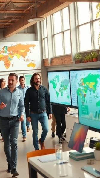 rapidly growing startup, confident, expanding globally, photorealistic, bustling open-plan workspace with maps and charts, highly detailed, diverse team in motion, digital maps on screens, warm earthy tones, bright natural lighting, shot with a 50mm camera lens.