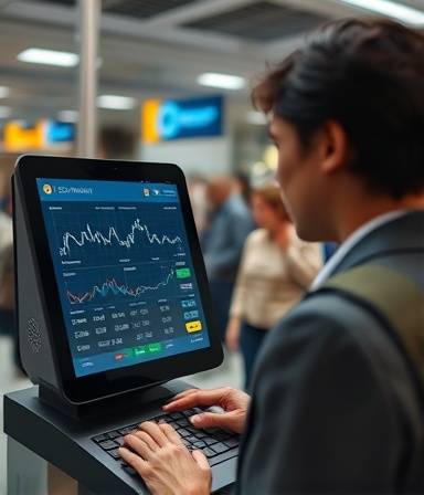 advanced processing terminal, intrigued, analyzing transaction data, photorealistic, busy airport lounge background with moving travelers, highly detailed, screen with data analytics animating, selective focus, cool grays, neutral ambient lighting, shot with a 70-200mm lens.