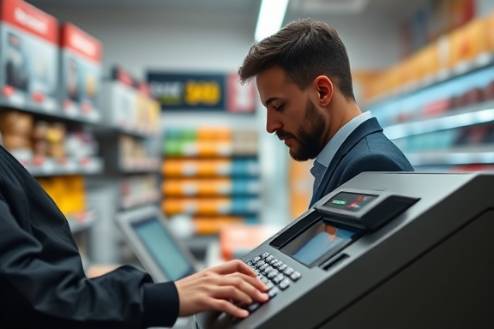 modern processing terminal, contemplative, inputting amount with keypad, photorealistic, tech store background with electronic shelves, highly detailed, digital interface animation, sharp focus, cooler tones, cool fluorescent lighting, shot with an 85mm lens.