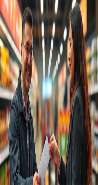 efficient merchant checkout, smiling, handing receipt to customer, photorealistic, supermarket checkout aisle background with stocked products, highly detailed, hand and paper interaction in motion, crisp focus, warm hues, overhead LED lighting, shot with a 24mm lens.