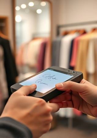 portable transaction device, focused, capturing digital signature, photorealistic, small boutique store background with clothing racks and a large mirror, highly detailed, signatures forming on screen dynamically, tight focus, pastel colors, gentle ambient lighting, shot with a 100mm macro lens.
