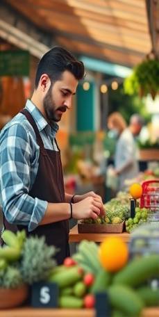 innovative merchant checkout, attentive, packing customer items, photorealistic, open-air market stall background with local produce surrounding, highly detailed, interactive touch screen flickering, depth of field play, natural greens and browns, direct sunlight with shadows, shot with a 16mm wide-angle lens.