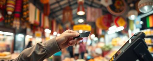 sleek merchant payment, focused, swiping card, photorealistic, bustling market background with colorful stalls and shoppers, highly detailed, dynamic motion blur effect of card swipe, shallow depth of field, vibrant colors, soft warm lighting, shot with a 50mm lens.