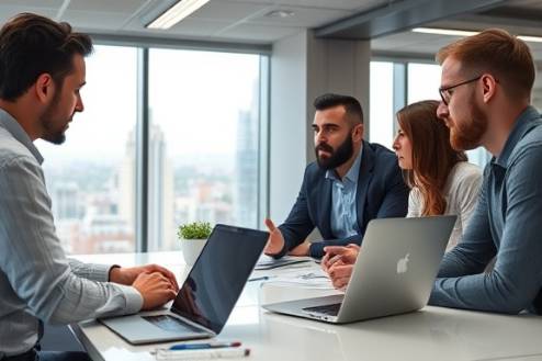 collaborative consulting office, engaging expression, brainstorming, photorealistic, open-plan office environment with city view, highly detailed, laptops and notepads on table, crisp resolution, neutral colors, fluorescent lighting, shot with a 35mm lens