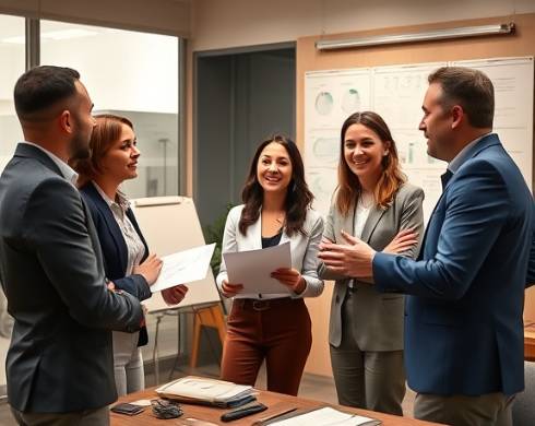 dynamic consulting team, enthusiastic expression, presenting ideas, photorealistic, well-furnished office with whiteboard and charts, highly detailed, diverse team in discussion, high definition, warm colors, ambient lighting, shot with a 24mm lens