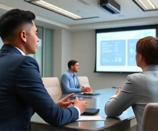 focused consulting meeting, thoughtful expression, analyzing data, photorealistic, spacious boardroom with executive furniture, highly detailed, projected presentation screen, sharp focus, neutral palette, soft daylight, shot with a 70-200mm lens