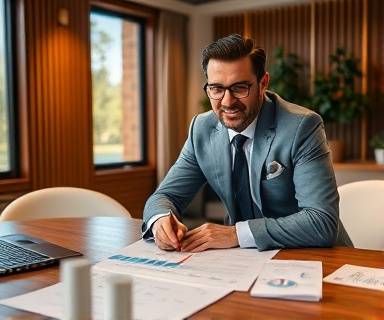 organized consulting planning, decisive expression, mapping strategy, photorealistic, corporate office with wooden accents and decor, highly detailed, documents and graphs on table, ultra-high resolution, earth tones, evening artificial lighting, shot with a 85mm lens