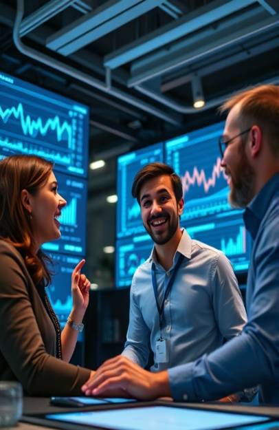 innovative digital marketing, excited, analyzing data, photorealistic, tech hub with digital screens displaying graphs, highly detailed, colleagues collaborating over data, ISO 320, cool colors, soft ambient lighting, shot with a 24mm lens.