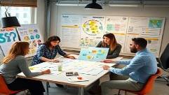 dynamic marketing campaign, enthusiastic, planning a strategy, photorealistic, creative agency filled with posters and plans, highly detailed, team mapping out ideas on a large table, ISO 250, vibrant colors, overhead lighting, shot with a 28mm lens.