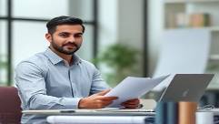 strategic marketing plan, confident, conducting market research, photorealistic, office with market research reports and laptops, highly detailed, employee analyzing data, ISO 500, subtle hues, gentle backlighting, shot with a 85mm lens.