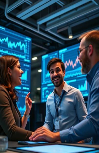 innovative digital marketing, excited, analyzing data, photorealistic, tech hub with digital screens displaying graphs, highly detailed, colleagues collaborating over data, ISO 320, cool colors, soft ambient lighting, shot with a 24mm lens.