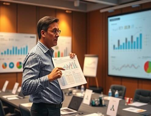comprehensive marketing analytics, determined, presenting a report, photorealistic, conference room full of charts and diagrams, highly detailed, speaker pointing at a chart, ISO 200, warm tones, directional spotlights, shot with a 35mm lens.