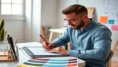 bold marketing branding, focused, designing a logo, photorealistic, bright studio with drafting tools and color swatches, highly detailed, designer sketching on a tablet, ISO 100, primary colors, diffused natural light, shot with a 40mm lens.