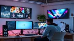 creative digital marketing, inspired, developing content, photorealistic, workspace adorned with digital artwork and monitors, highly detailed, team editing a video campaign, ISO 300, pastel colors, soft illumination, shot with a 30mm lens.