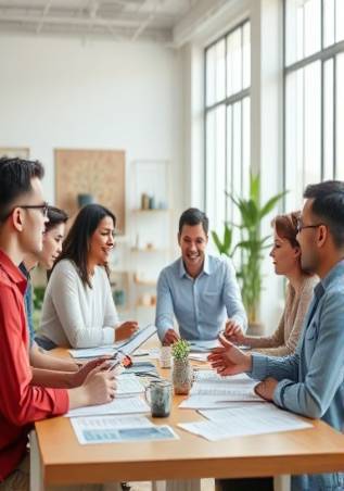 visionary funding startup, inspired expression, brainstorming, photorealistic, open-plan office with funding proposals on the table, highly detailed, diverse team engaging, dynamic flow, pastel shades, ambient daylight, shot with a 85mm lens