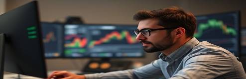 focused investment startup, serious expression, researching, photorealistic, contemporary studio with stock market monitors, highly detailed, focused atmosphere, realistic rendering, neutral colors, soft ambient lighting, shot with a 100mm macro lens