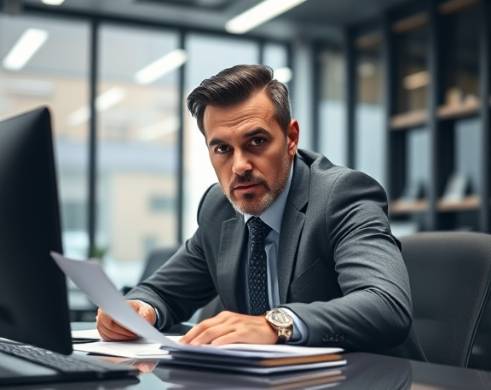 dynamic loan startup, determined expression, planning, photorealistic, sleek office setting with digital devices and loan documents, highly detailed, fast-paced activity, crisp details, monochromatic scheme with pops of color, artificial soft lighting, shot with a 24mm lens