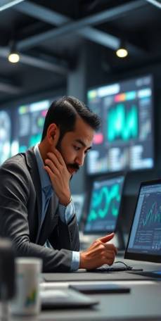 proactive capital startup, thoughtful expression, devising, photorealistic, futuristic workspace with virtual screens and capital analytics, highly detailed, interactive environment, vibrant contrasts, cool grey tones, focused spotlight, shot with a 28mm lens