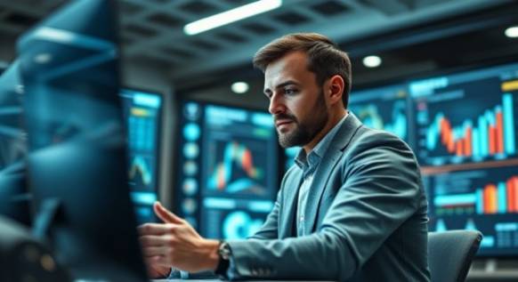 energetic consulting analysis, thorough, evaluating market trends, photorealistic, high-tech workspace with digital screens, highly detailed, data visualizations in motion, detail-rich environment, cool tones, directed art lighting, shot with a 50mm lens.