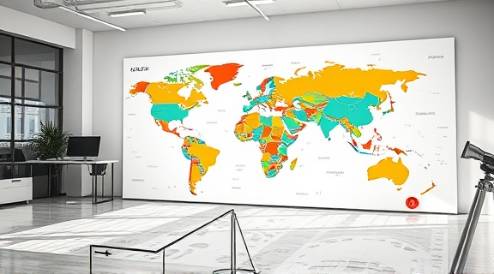 strategic consulting growth, ambitious, plotting global expansion, photorealistic, spacious office with vivid world maps, highly detailed, markers pointing future markets, composed environment, bright daylight streaming, shot with a 50mm lens.