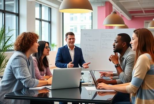 dynamic consulting team, upbeat, brainstorming solutions, photorealistic, contemporary urban office with vibrant design, highly detailed, group interaction with laptops and whiteboards, prime lens, soft daylight, shot with a 35mm lens.