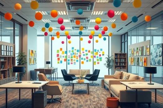 intuitive consulting strategy, creative, crafting new approaches, photorealistic, flexible workspace with modular furniture, highly detailed, colorful sticky notes everywhere, visionary feel, cool tones, ambient ceiling lighting, captured with a 24mm lens.