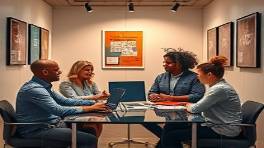 resilient consulting team, adaptive, setting objectives, photorealistic, enclosed huddle room with sophisticated tech, highly detailed, motivational posters on walls, engaging atmosphere, natural light in abundance, shot with a 35mm lens.