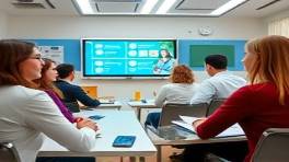 educational consulting meeting, reflective, teaching new methodologies, photorealistic, modern classroom-themed space, highly detailed, interactive digital display, informative vibe, even lighting, captured with a 24-70mm lens.