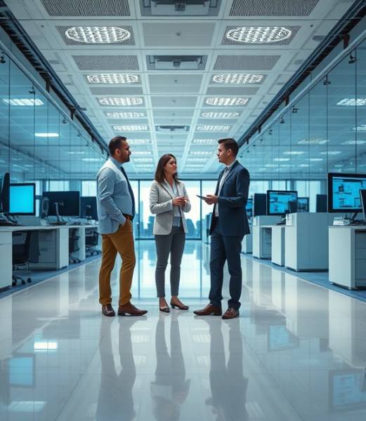 analytical consulting team, methodic, pooling resources, photorealistic, expansive office floor with seamless design, highly detailed, integrated tech systems, balanced environment, cool colors, ambient light, captured with a 35mm lens.