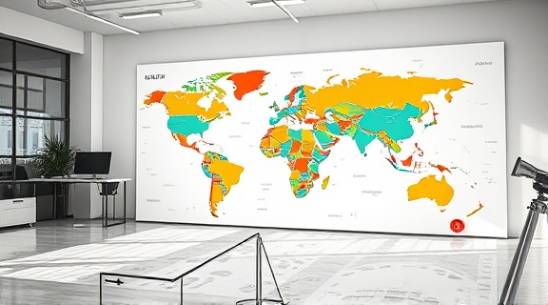 strategic consulting growth, ambitious, plotting global expansion, photorealistic, spacious office with vivid world maps, highly detailed, markers pointing future markets, composed environment, bright daylight streaming, shot with a 50mm lens.