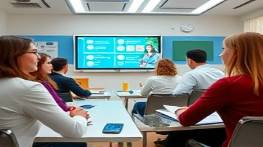 educational consulting meeting, reflective, teaching new methodologies, photorealistic, modern classroom-themed space, highly detailed, interactive digital display, informative vibe, even lighting, captured with a 24-70mm lens.