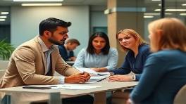 transformative consulting experience, navigating challenges, advising confidently, photorealistic, office environment with dynamic teamwork, highly detailed, innovative technology and collaborative tools, high resolution, warm beige and navy, natural indoor lighting, shot with a 50mm lens.