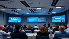 compelling consulting narrative, sharing knowledge, presenting strategies, photorealistic, conference hall with digital screens, highly detailed, interactive presentations and attentive audience, ultra sharp, cool gray and blue, bright overhead lighting, shot with a 24mm lens.