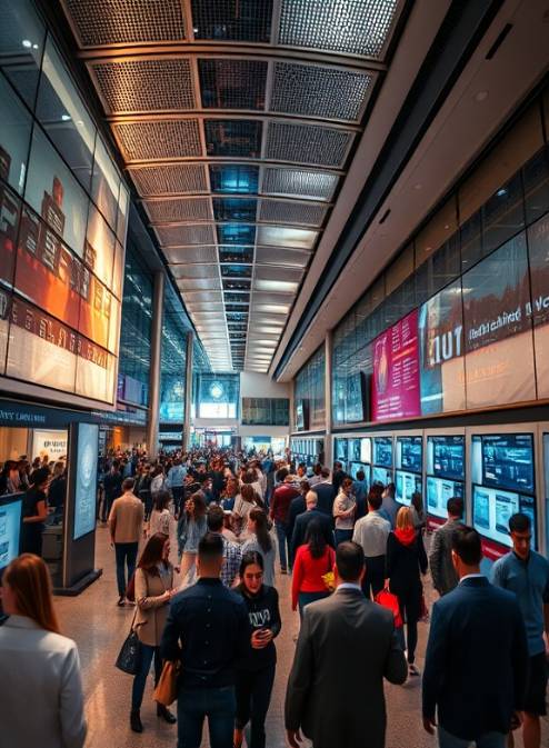 dynamic consulting experience, adapting strategies, consulting efficiently, photorealistic, bustling corporate lobby with interactive kiosks, highly detailed, real-time data displays and moving crowds, panorama shot, metallic colors, dynamic ceiling lights, shot with a 16mm lens.